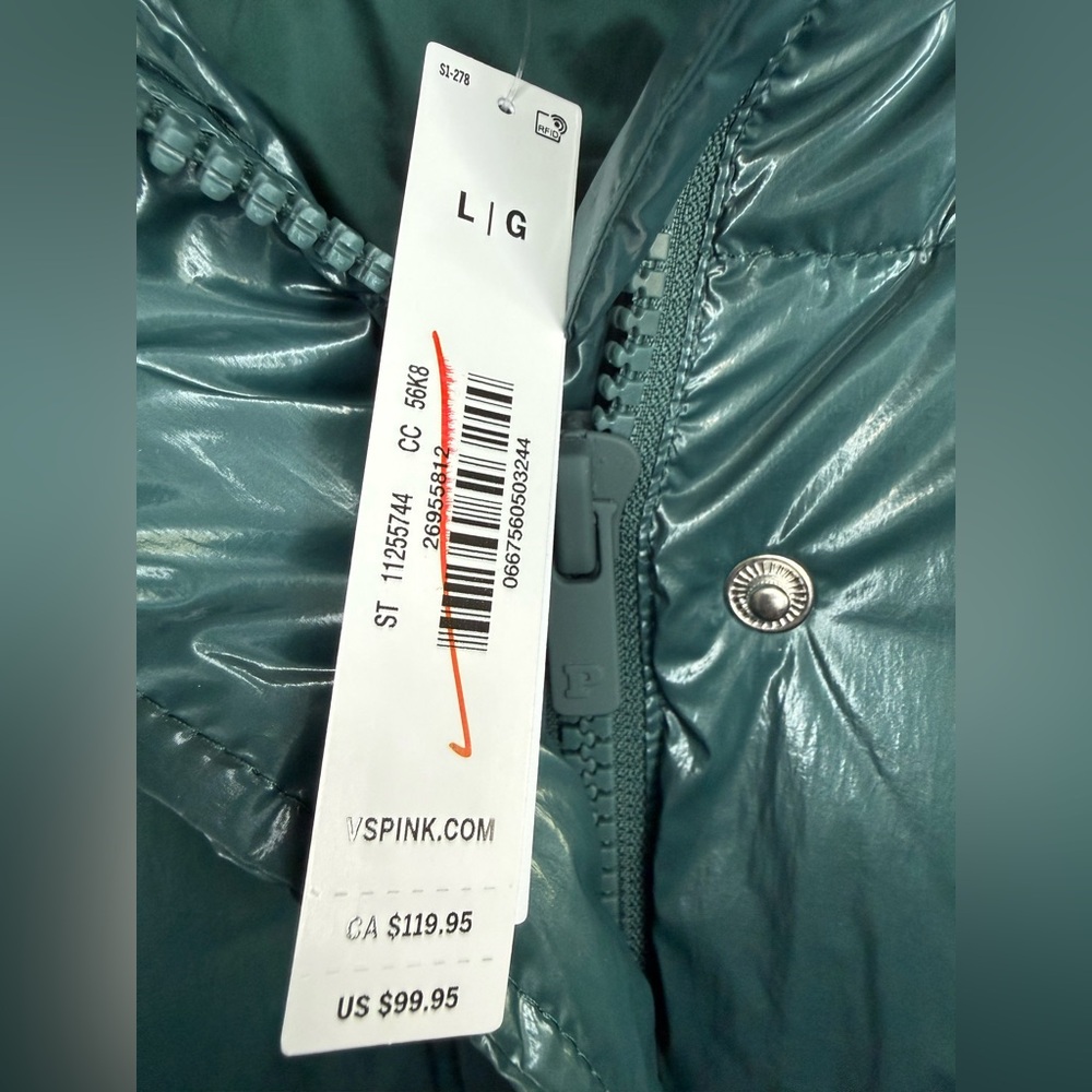 PINK Victoria's Secret High Shine Marshmallow Puffer Vest Forest Green Women's L - Picture 10 of 14